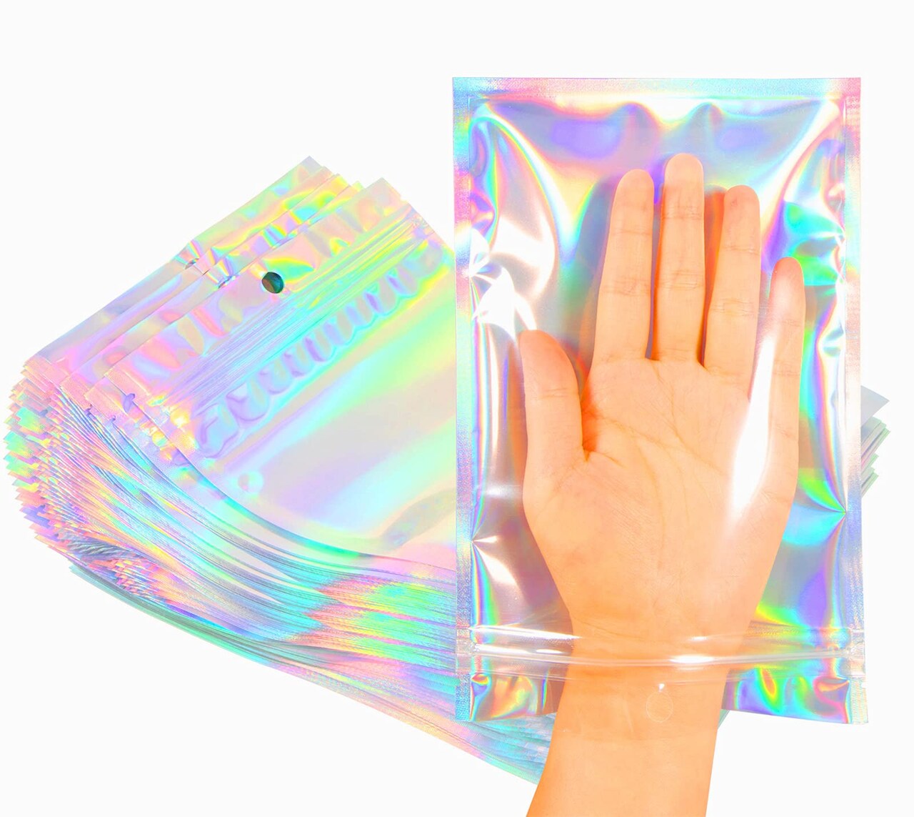 Smell Proof Bags & Resealable Foil Pouch Mylar Sample Bag Great for Party Favor Food Storage (Holographic Color) (50Pcs-5.5x8 Inch)